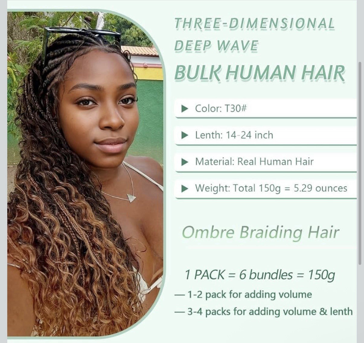 Deep Wave Ombre T30# Human Hair Bulk Extensions, 14-24in, 6 Bundles, 150g
