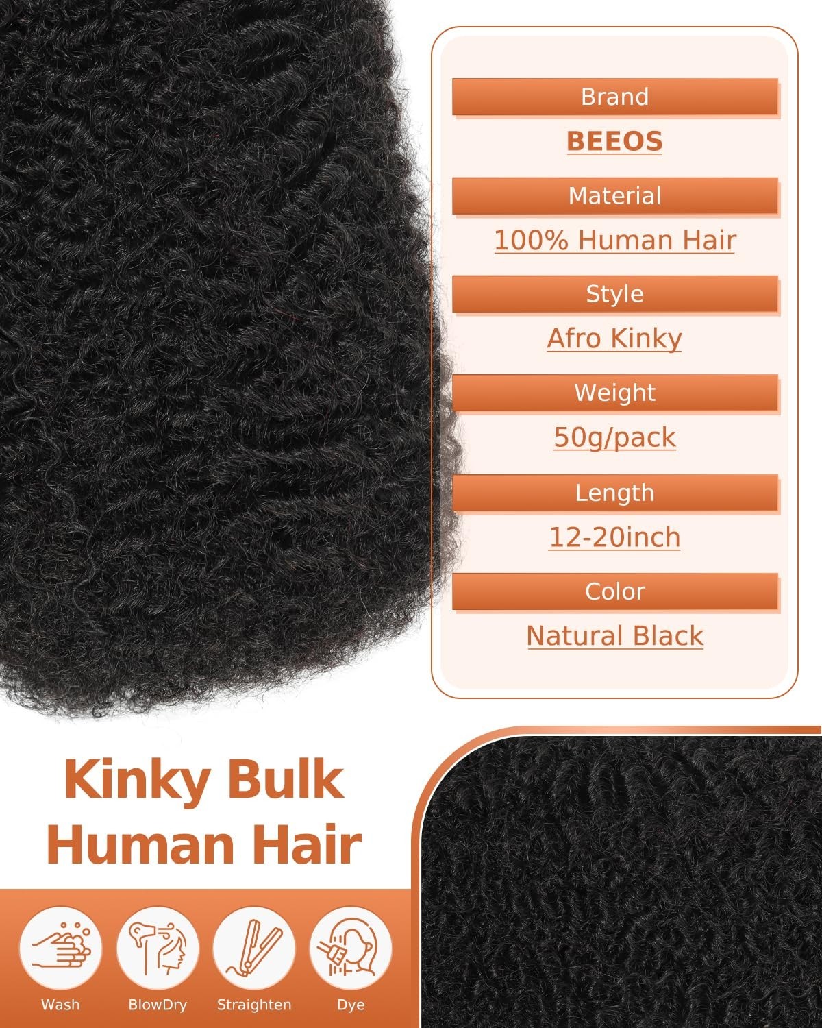 BEEOS 4C Kinky Curly Human Hair Bulk Natural Black Braids Twists Locs 12 inches