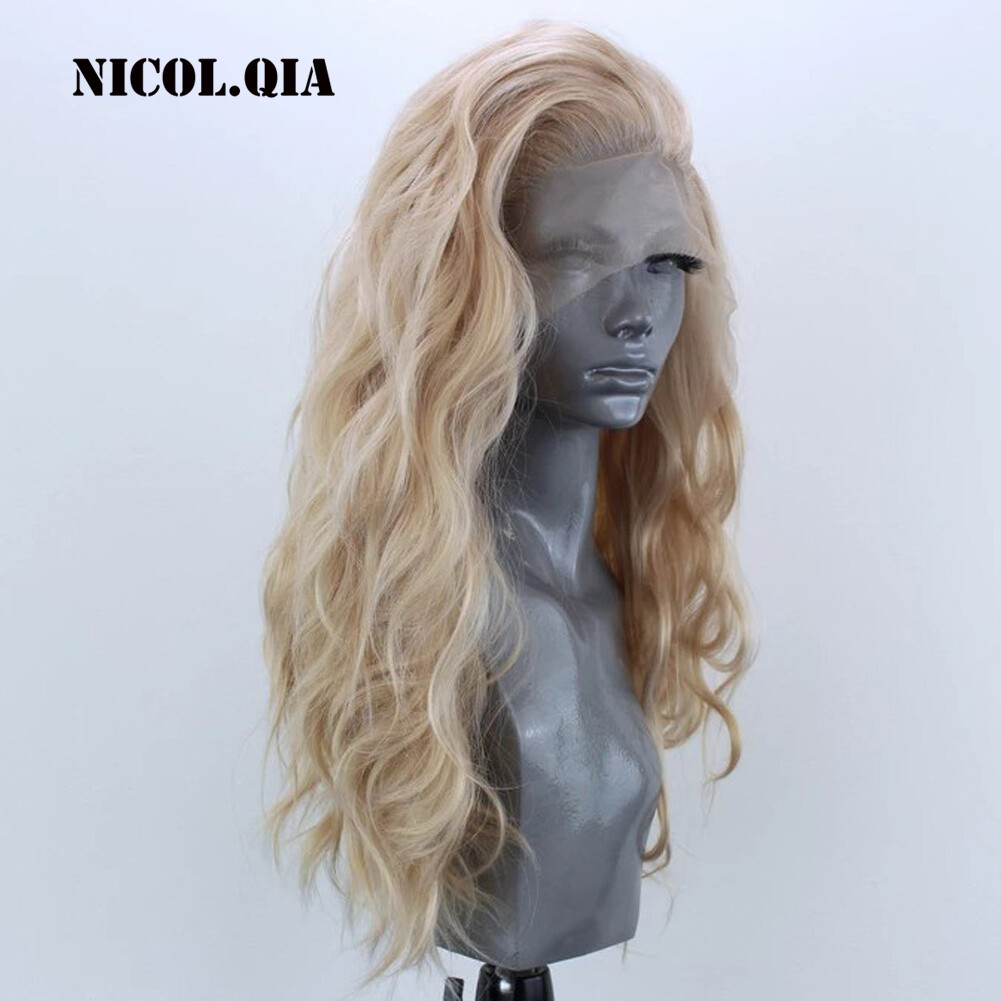 Long Curly Blonde Mix Lace Front Human Hair Blend Wigs Heat OK Women Natural Wig
