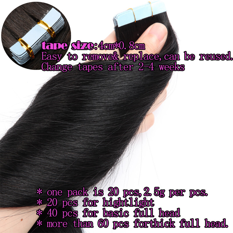 Mini Tape In Real Remy Human Hair Extensions Skin Weft Brown Straight 20 Pieces