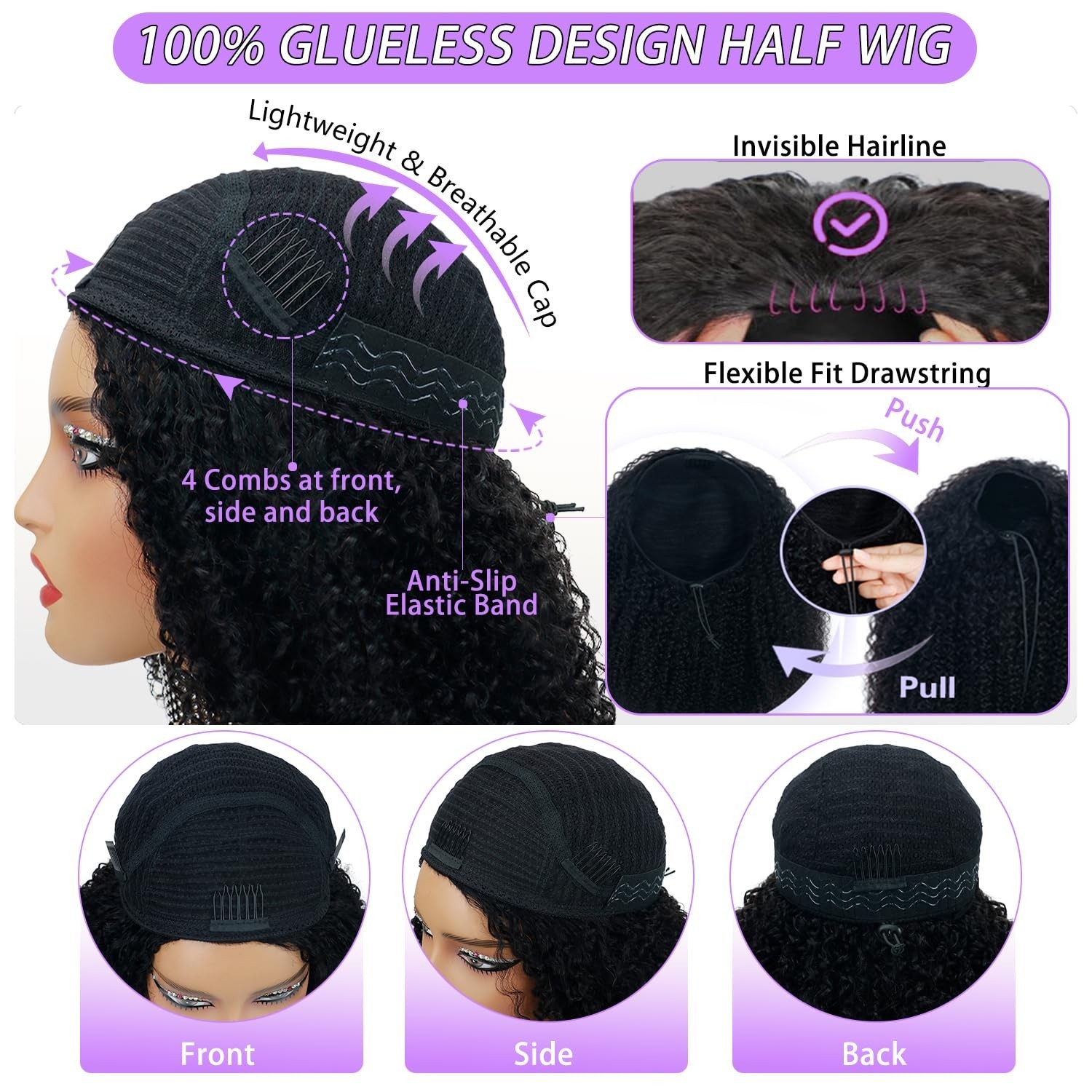 Half Wig Human Hair 3 In 1 Drawstring Seamless Flip Curly Half Wig for Women