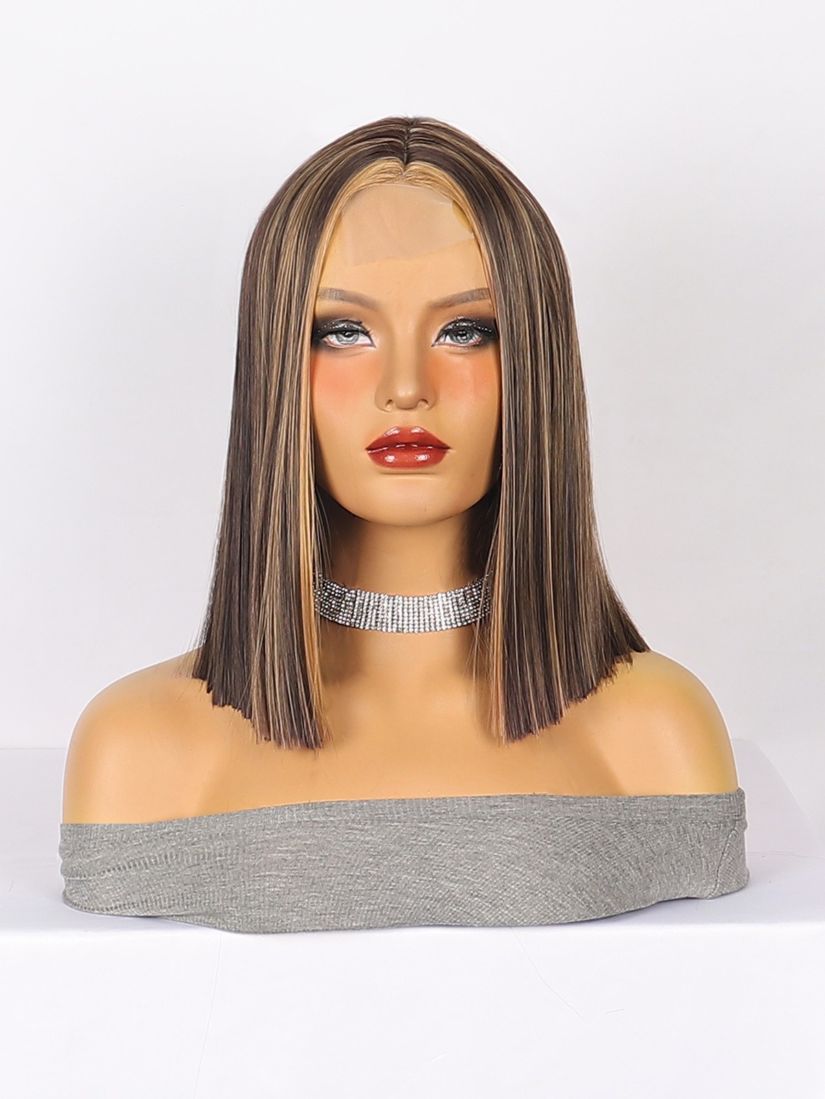Small Lace Brown Highlight Short Straight Wig For Women Synthetic Heat