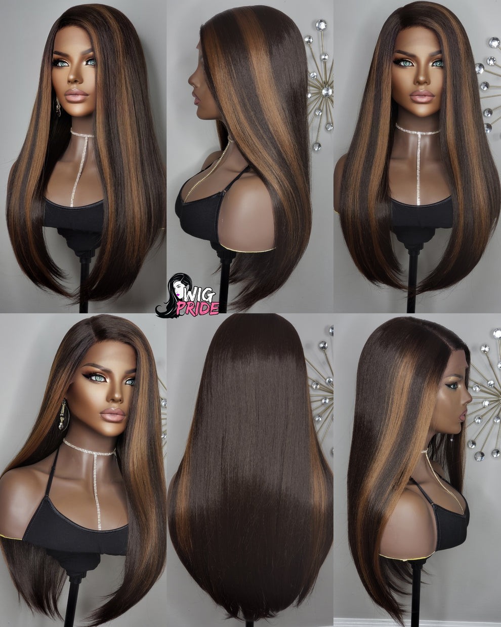 New Long Straight Brown Blonde Black Hair Highlights Lace Front Wig Womens Wigs