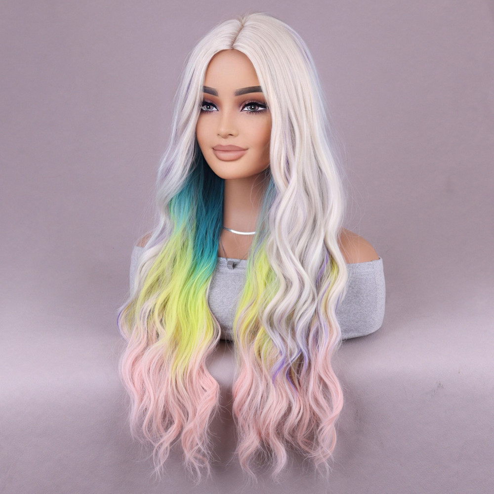 28in Women’s Multi Color Rainbow Wig Long Curly Wavy Wig Cosplay Party Wig