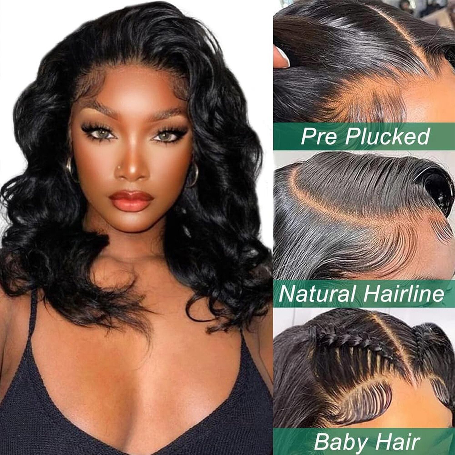 14″ Lace Front Bob Wig Black Natural Hair Body Wave Women Pre Plucked Wigs USA