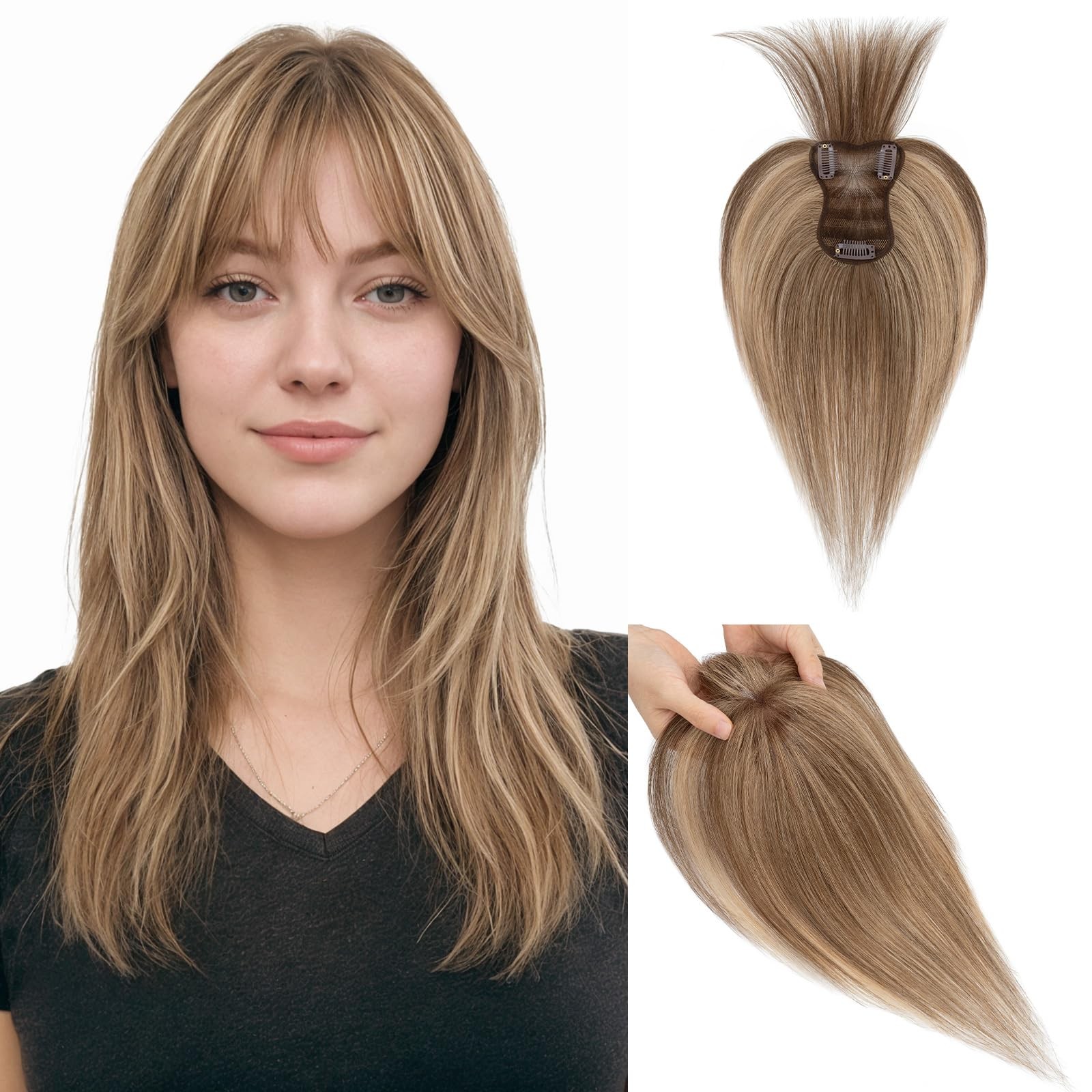 Hairro Human Hair Toppers Bangs 360 3D Coverage Clip In 3.15X4.33 Breathable