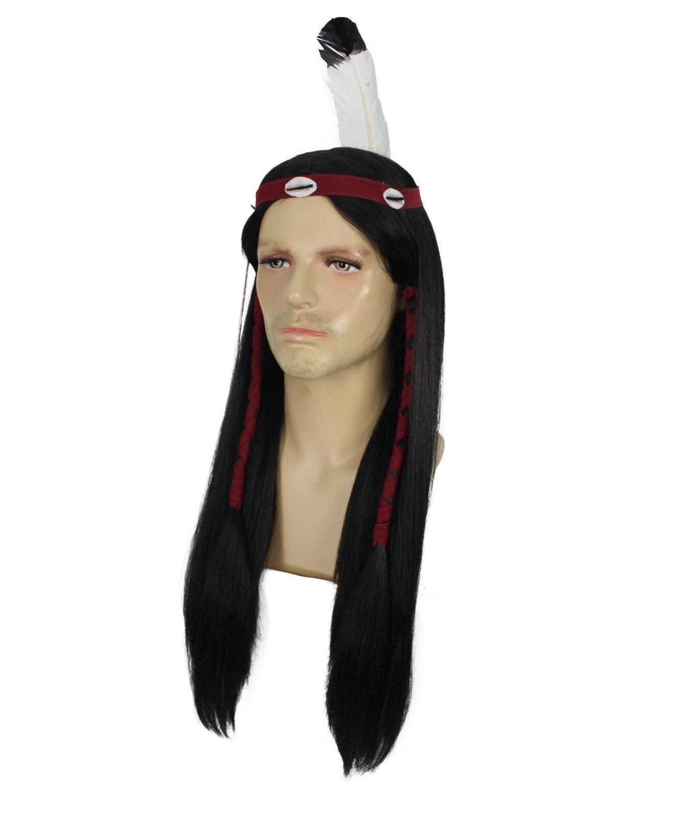 Adult Men’s Long Length Native American Wig, Black Color, Breathable Capless Cap