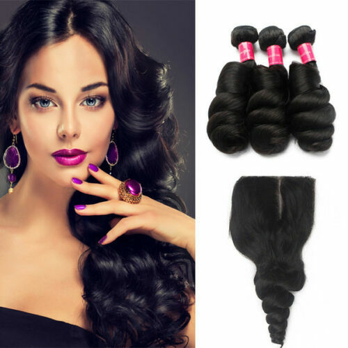 3BUNDLES+CLOSURE BRAZILIAN VIRGIN HUMAN HAIR LOOSE WAVE 16+18+20&14 CLOSURE 350g