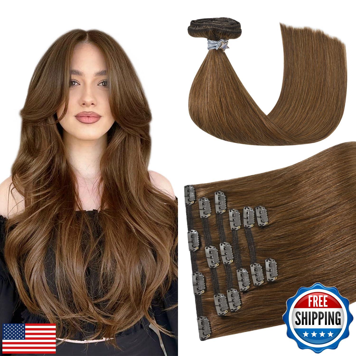 HUAYI Light Brown Clip in Hair Extensions Human Hair, 18 Inch 70g, 7pcs with