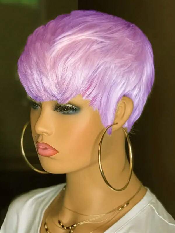 Hot Pink Short Pixie Cut Human Hair Wig No Lace Natural Wig For Black Women Soft