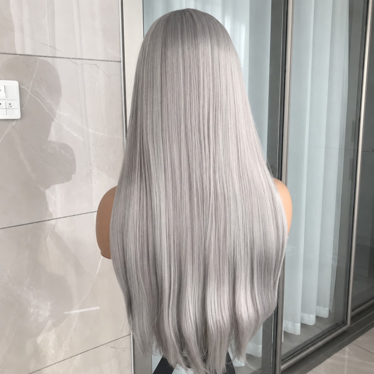 Silver gray Soft Heat Resistant Synthetic Hair Frontal Lace Wigs Long Straight