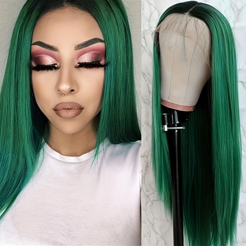 Long Straight Hair Wig Ombre Green Lace Front Wigs Glueless Heat Resistant Fiber