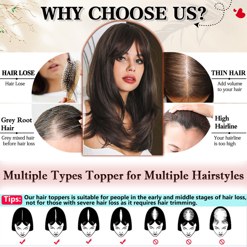 100% Real as Human Remy Hair Topper Toupee Clip in Hairpiece Natural Top Bangs