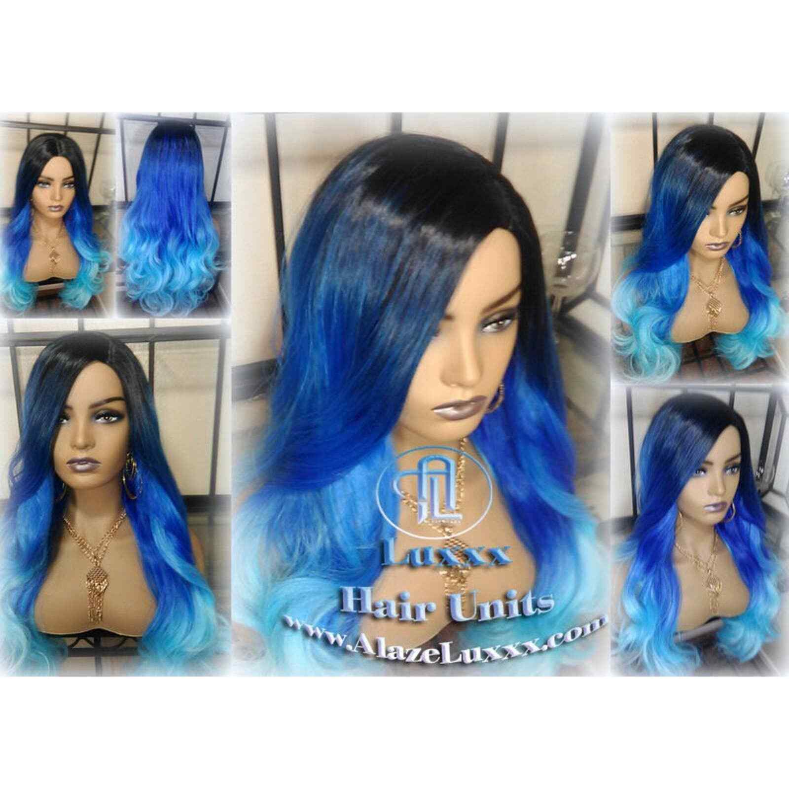 Blue Ombre Gradient Human Hair Wig Weave Mermaid bohemian Goddess