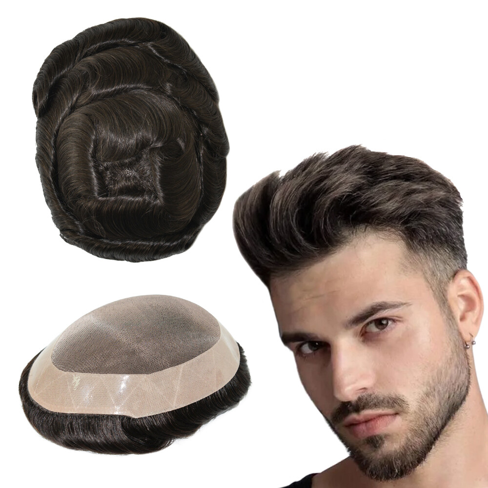 Mens Human Hair Replacement Systems Indian Rem Fine Mono Toupee Hairpieces 8X11′