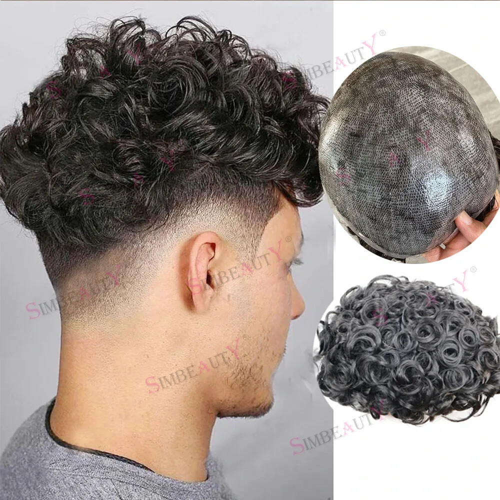 Full Skin Base 20mm Curly Human Hair Men’s Toupee Durable Prosthesis System Hair