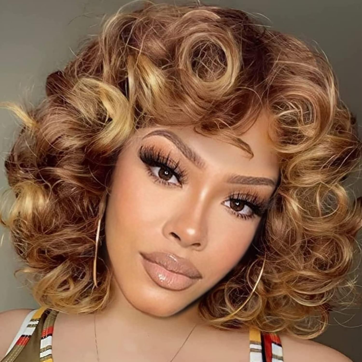 Short Curly Wigs for Black Women Soft Brown Blonde Big Curly Wig with Bangs A…