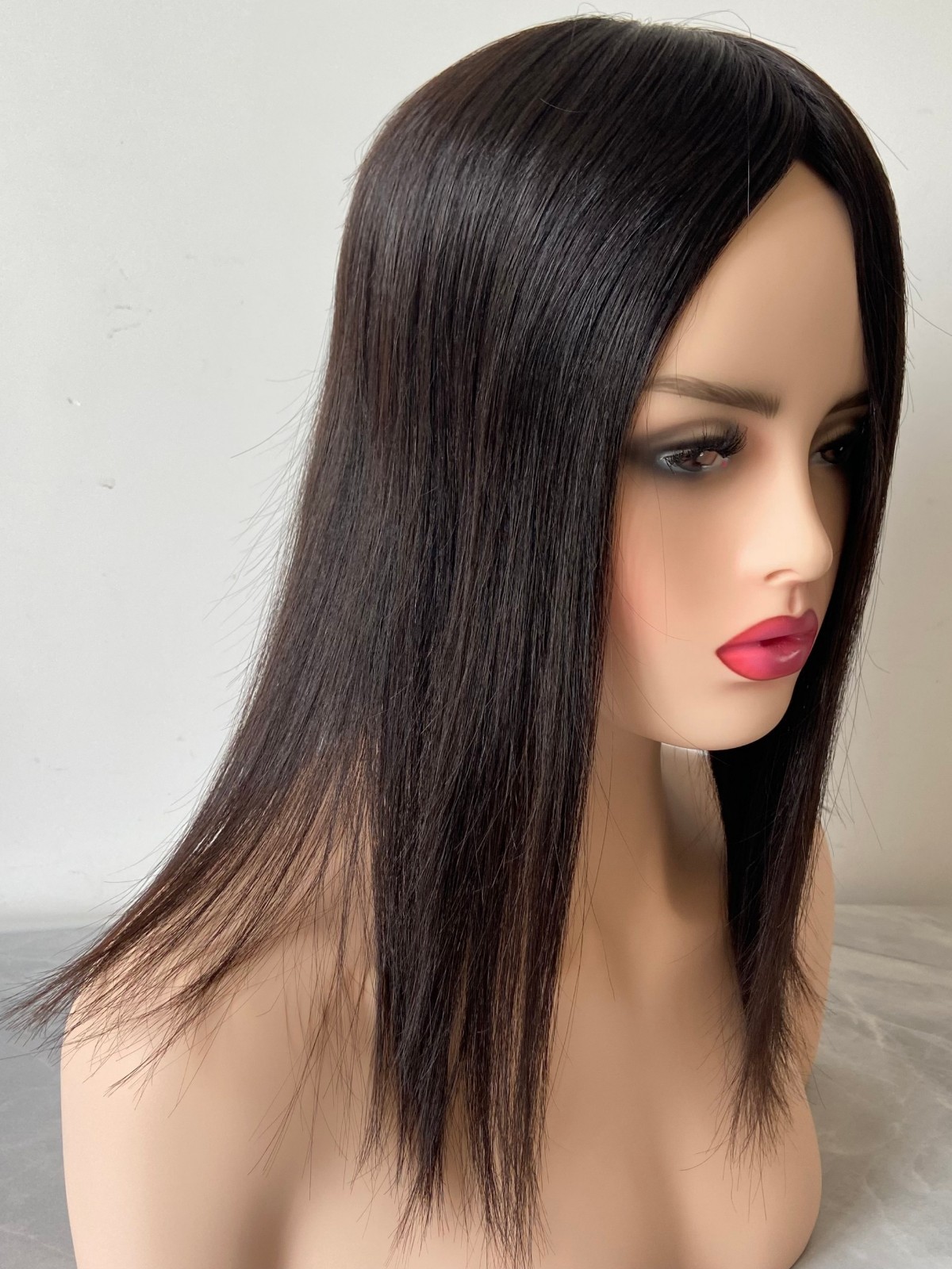 100% HUMAN HAIR CUTICLE INTACT MONO TOPPER 5.5×6.5″ OFF BLACK 14″ LONG FREE PART