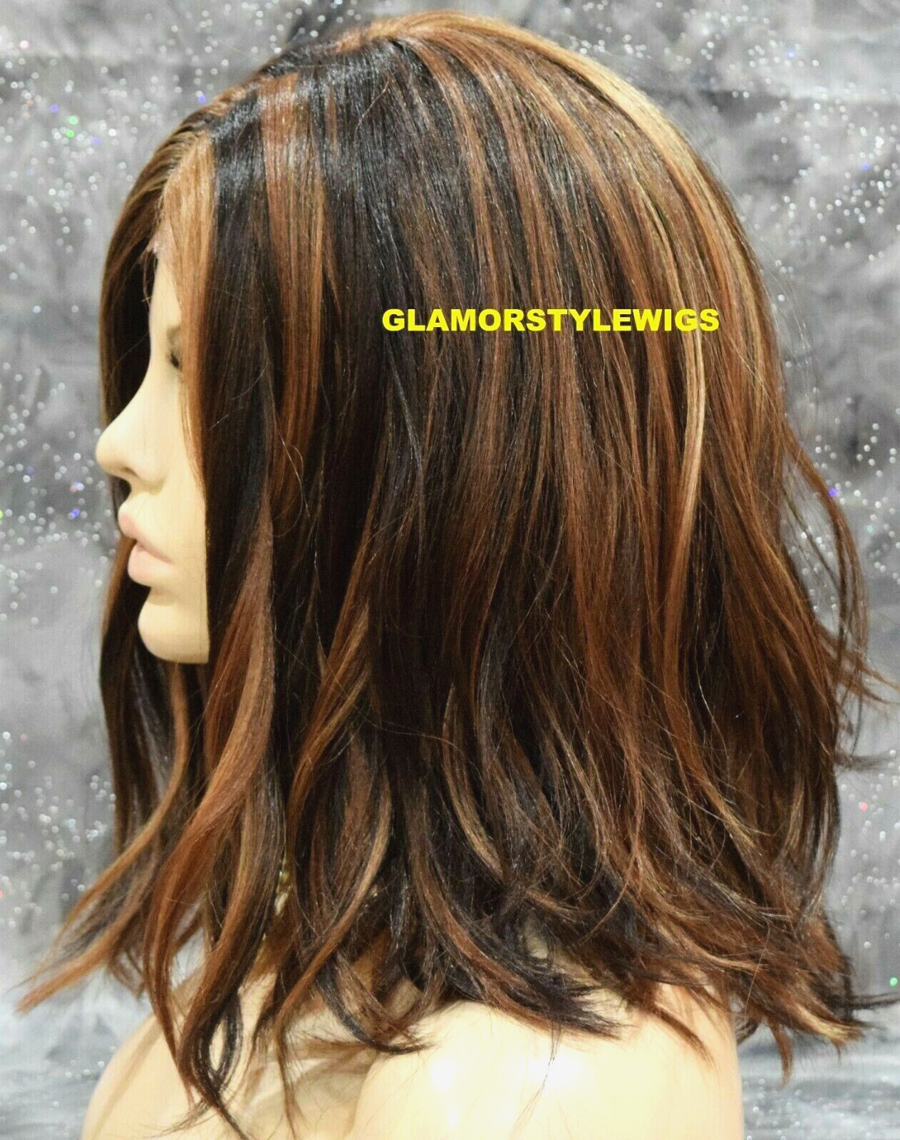 LACE FRONT FULL WIG BOB WAVY LAYERED MIDDLE PART BROWN AUBURN MIX HEAT OK NWT