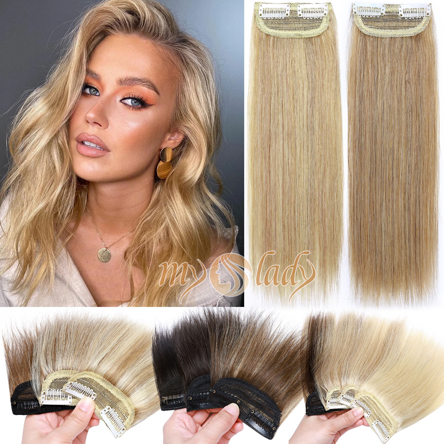 MY-LADY One Piece Clip In 100% Remy Human Hair Extensions Side Hair Pad Topper M