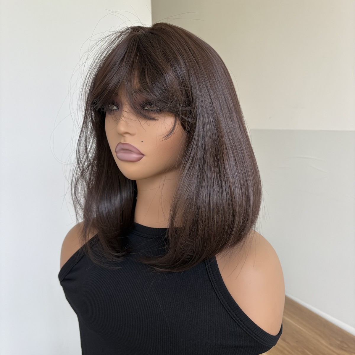 Heat Resistant Synthetic Hair Dark brown Bob Straight Dress Up Wigs With Bangs