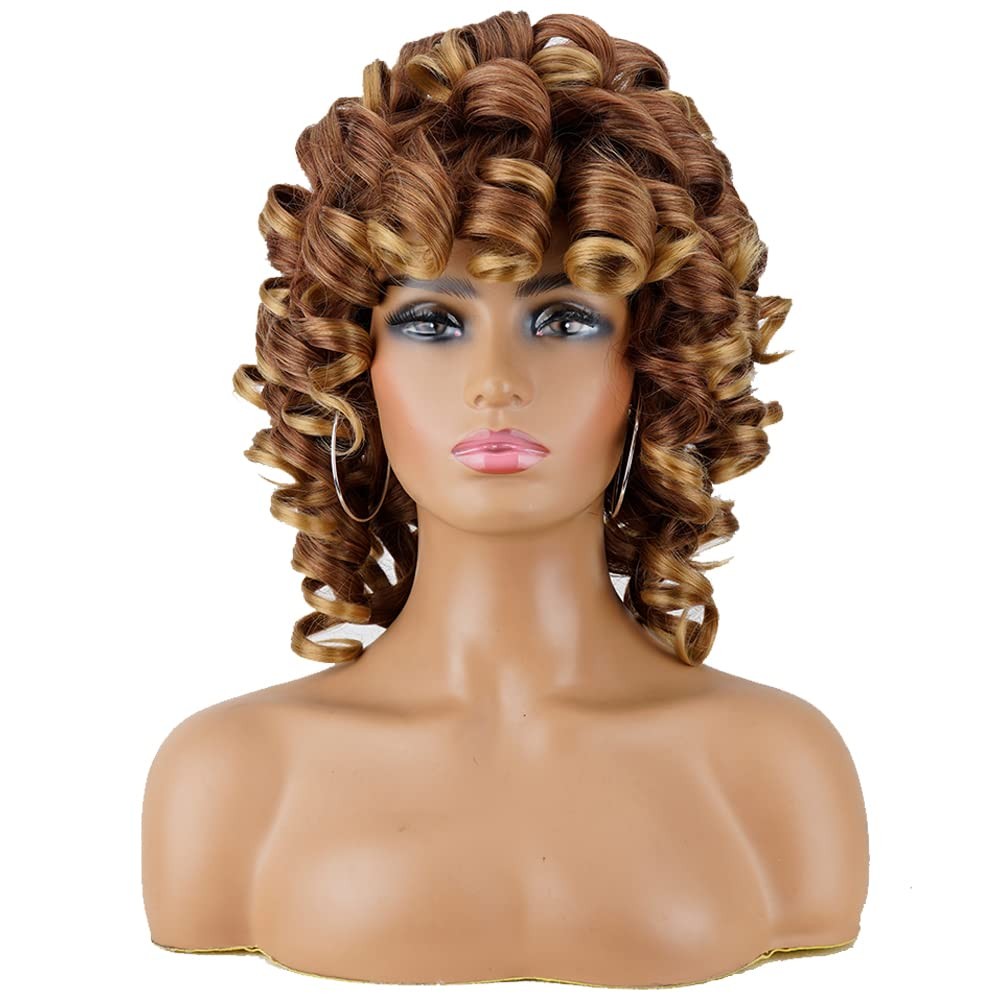 Short Curly Wigs for Black Women Soft Brown Blonde Big Curly Wig with Bangs A…