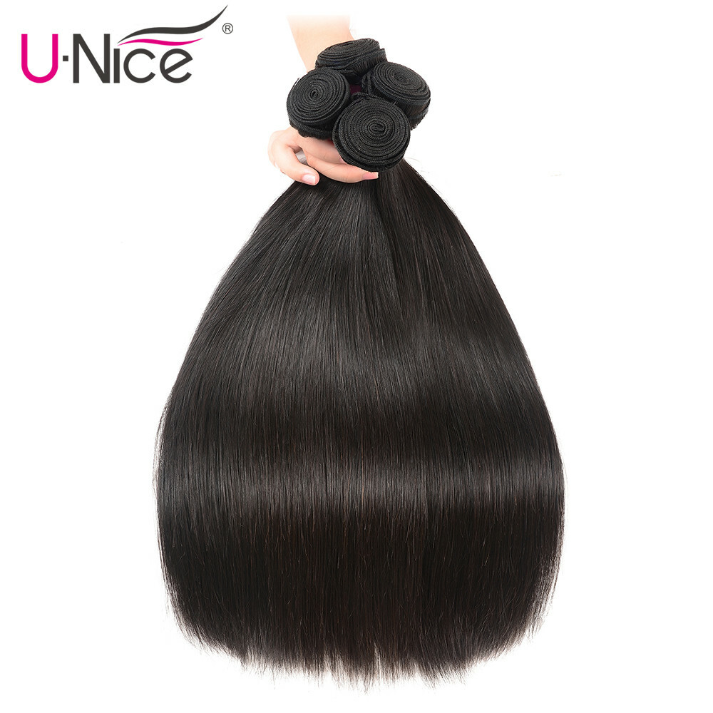 UNice Brazilian Straight Human Hair Extensions 4 Bundles Weave With Lace Closure