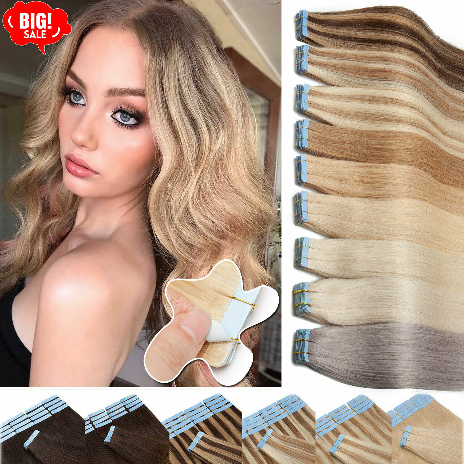 Tape in Russian Human Hair Extensions Invisible Skin Weft RemyHair Fashion Color