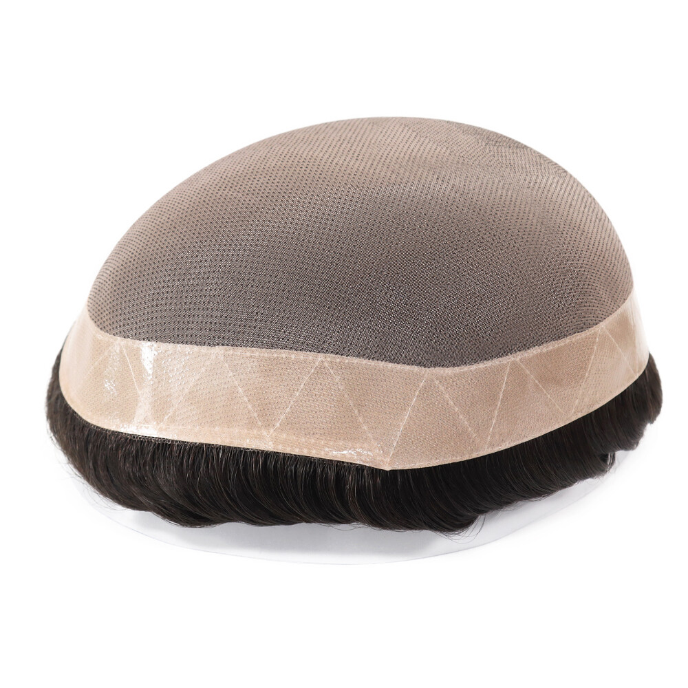 Mens Human Hair Fine Mono Replacement System Hairpiec Poly Skin Toupee 8×11