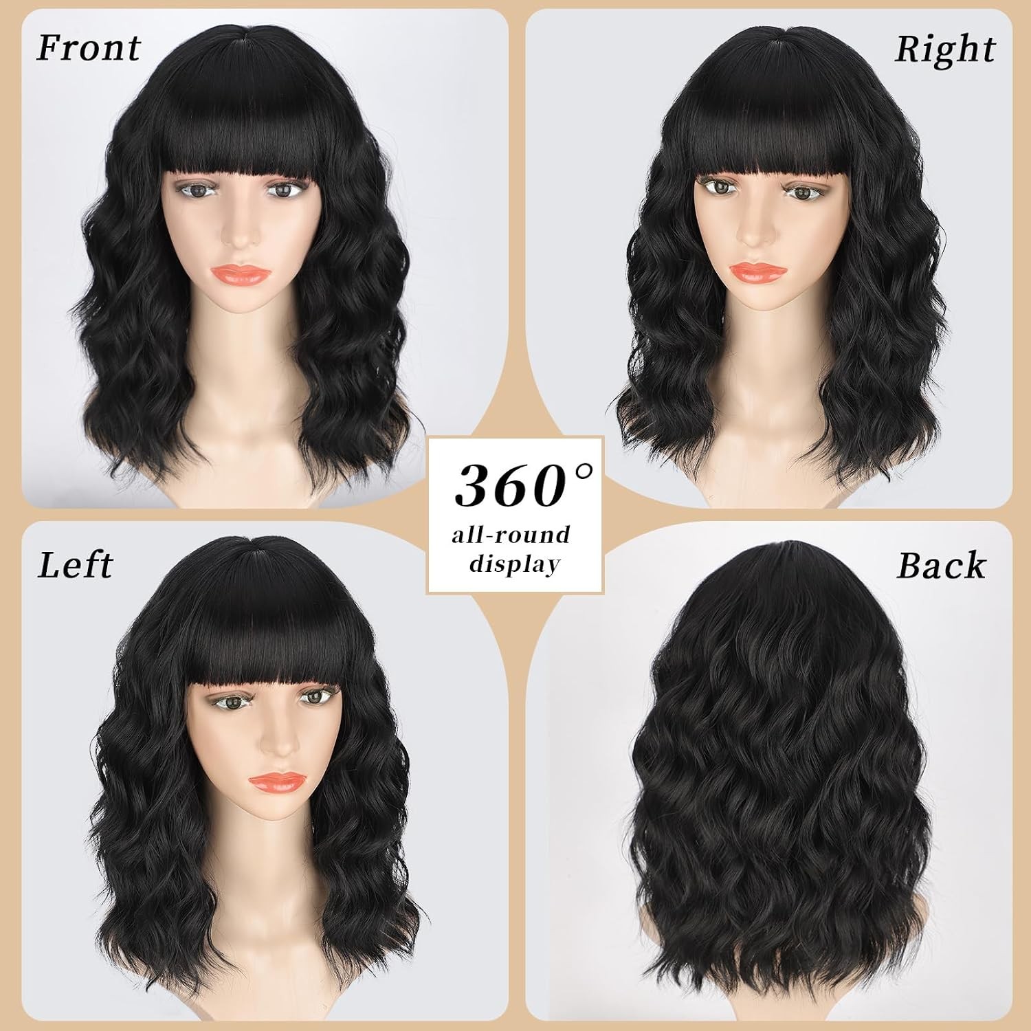 14inch Short Wavy Curly Bob Wig with Bangs Synthetic Hair for Women Black Brown