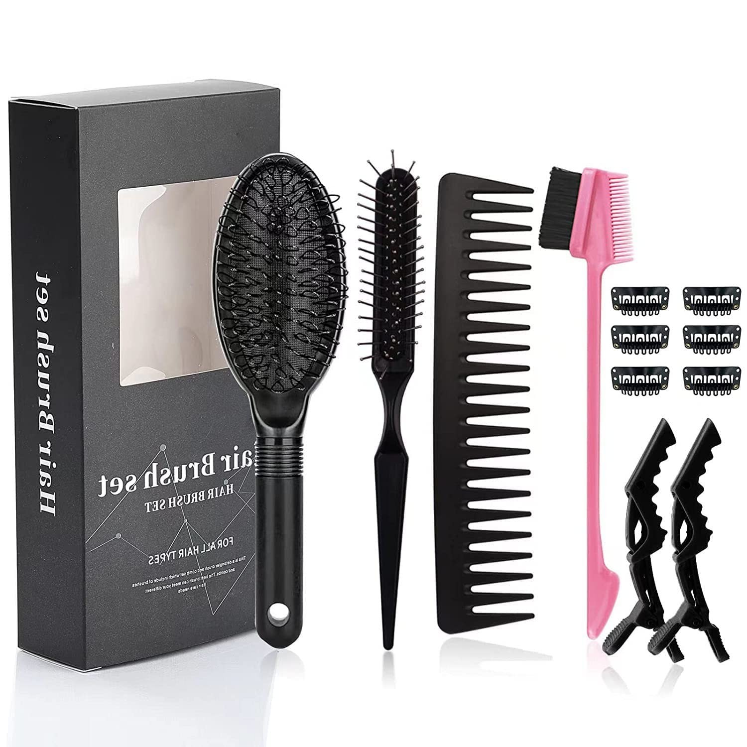 12Pcs Wig Styling Set – Massage Brush, Wide-Tooth Comb, Edge Brush & Clips for W