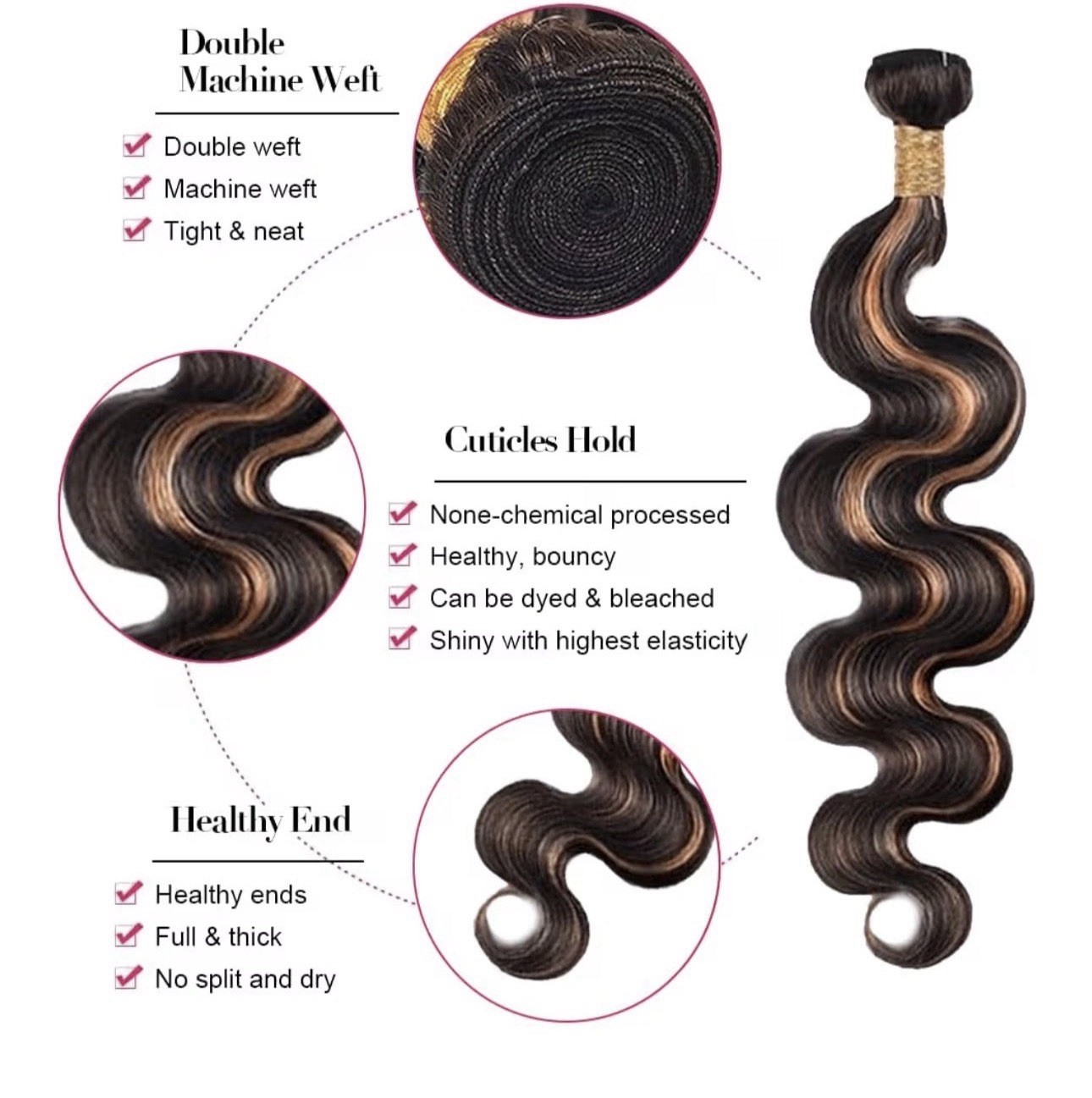Body Wave Dark Brown Golden Brown Human Hair Weft Extensions, 21-30 in, 3pcs
