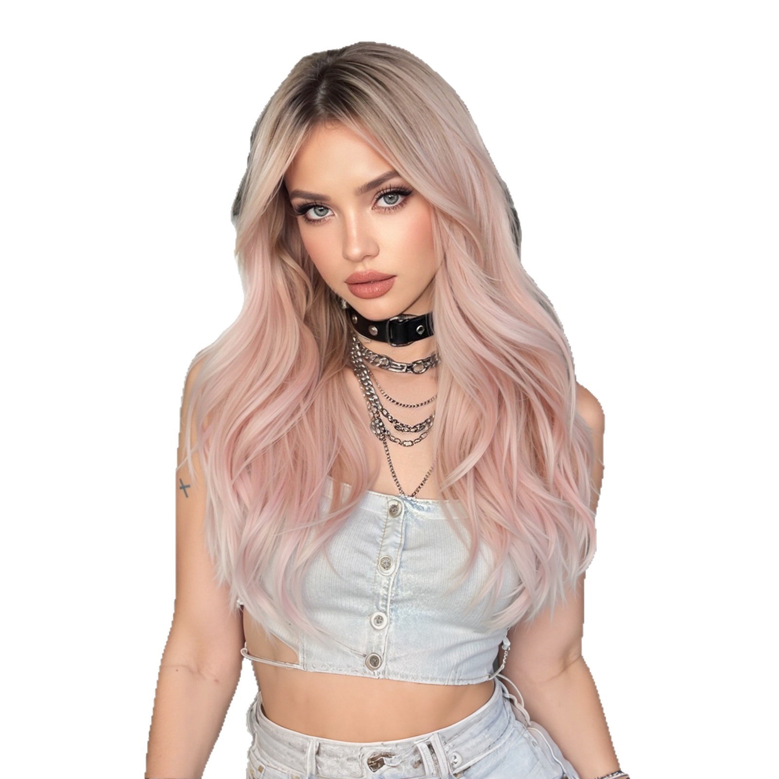 Cosplay Party Wig Ombre Light Pink Wigs With Bangs for Women Girls Syntheic Hair