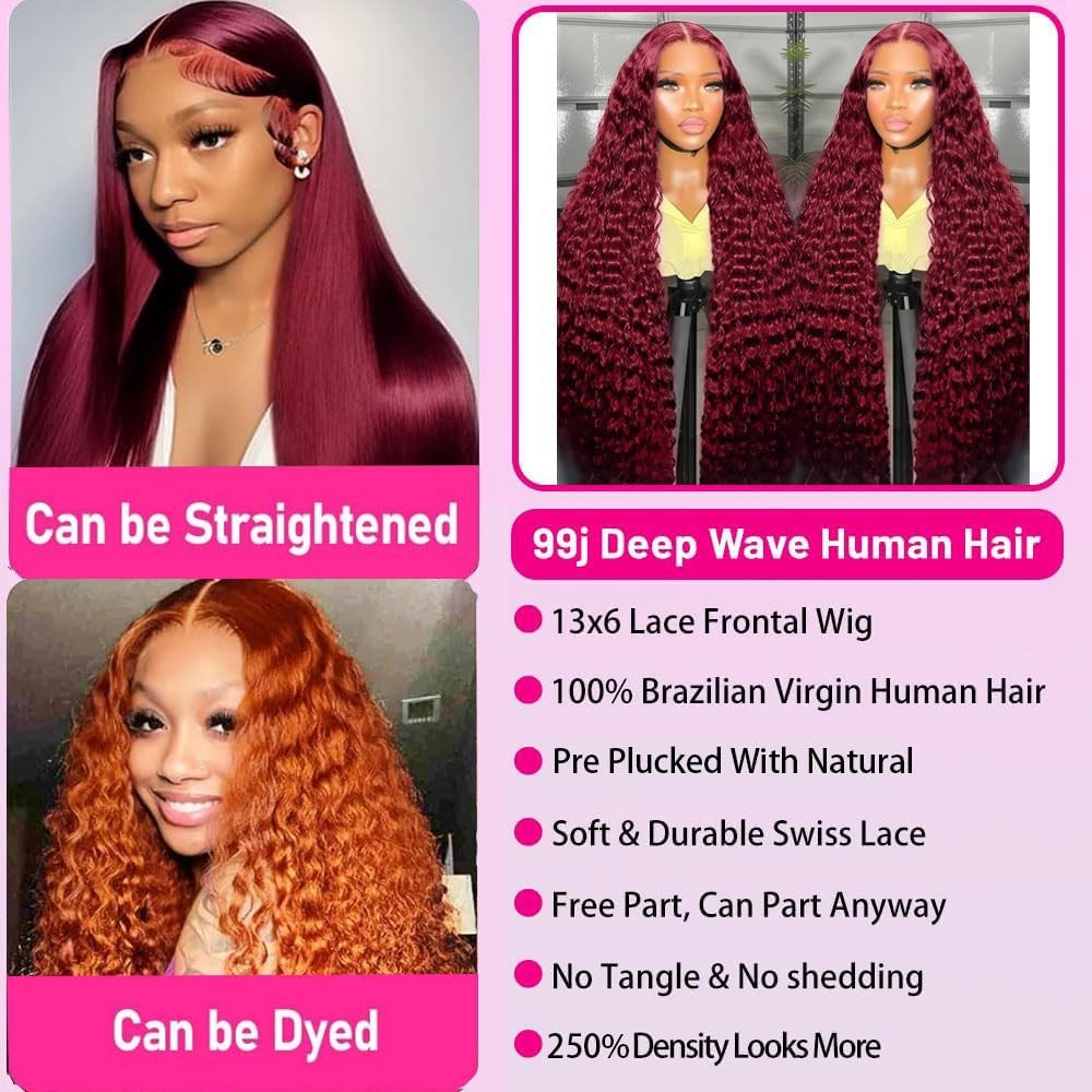 30″ 250 Density Burgundy Lace Front Wig – HD Transparent Deep Wave Human Hair