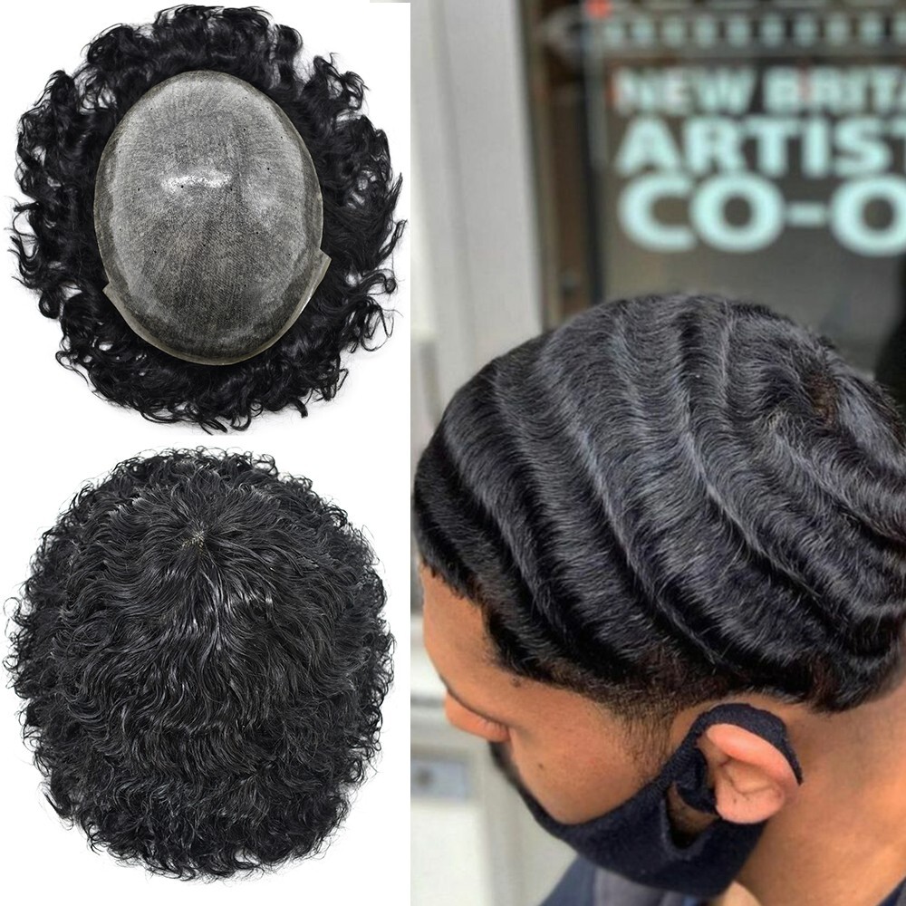20MM Curly Hair Mens Toupee Full Poly Skin Human Hair System Breathable Holes US