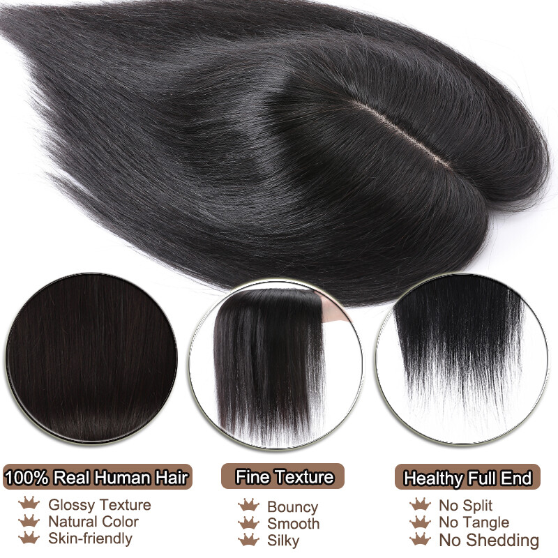 150% Density Short Real Hair Topper Silk Base Human Hair Top Hairpiece Clip In