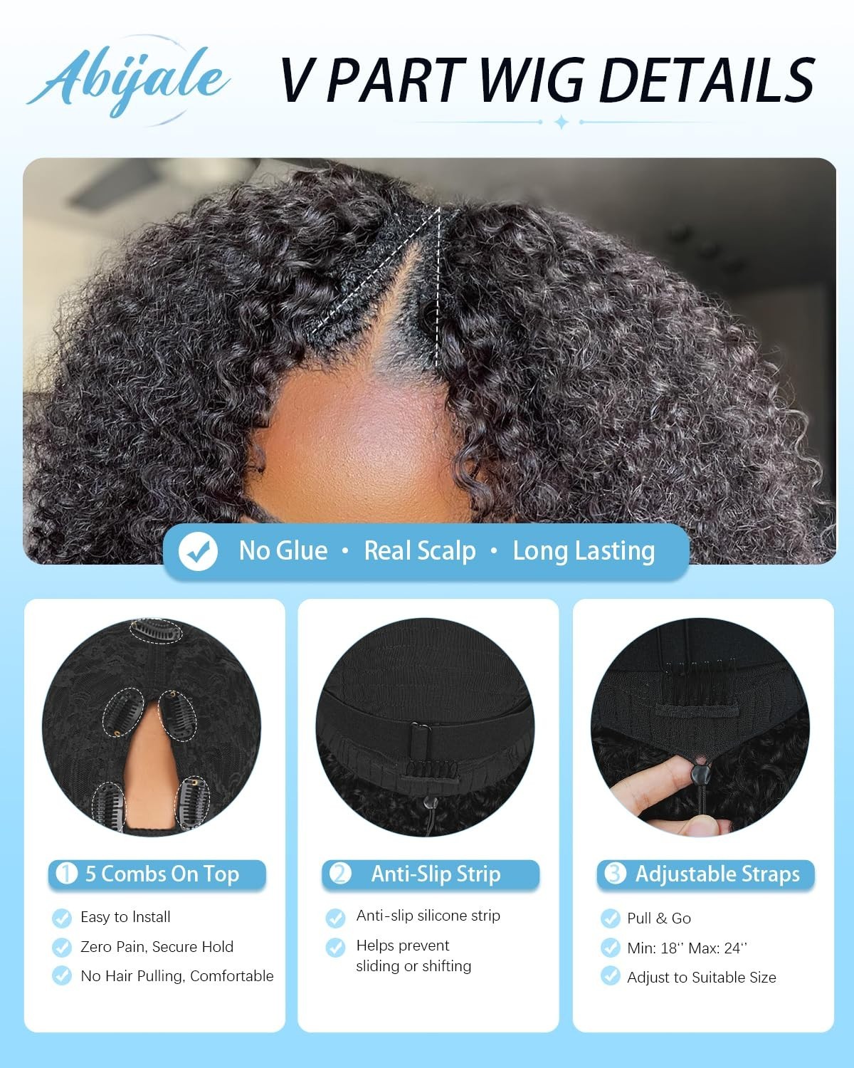 Curly V Part Wig 200% Density Human Hair, Glueless Clip-In Half Wig 16″ for Blac