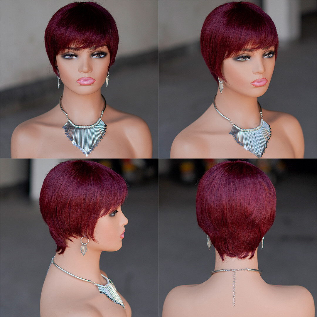 Short Pixie Cut Wigs Full Machine Made Remy Human Hair Wig With Bangs For Women