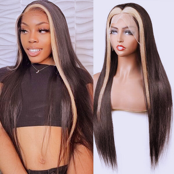 Blonde Skunk Stripe Highlight Long Straight Black Wigs Lace Front Wigs Glueless
