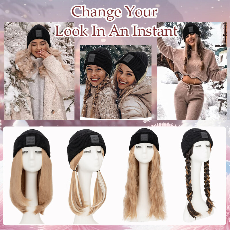 Beret Hat with Hair Extensions Wool Cap Attached 18” curly Hairpiece Synthetic