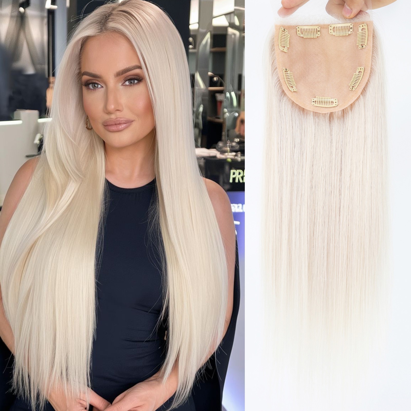 Silicon Skin Base Human Hair Topper Platinum Blonde Lace Closure Soft Remy Hair