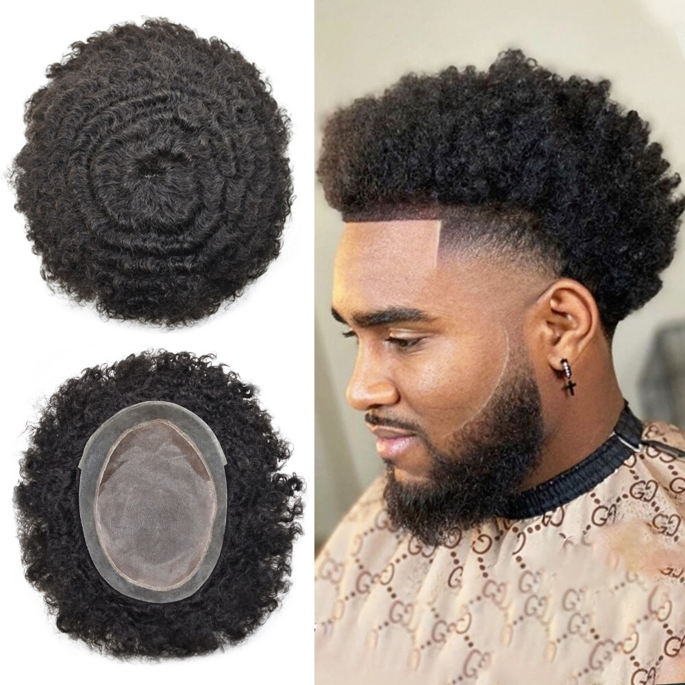 US Afro Kinky Curly Mens Toupee Black Men Hair Units Replacement System Durable