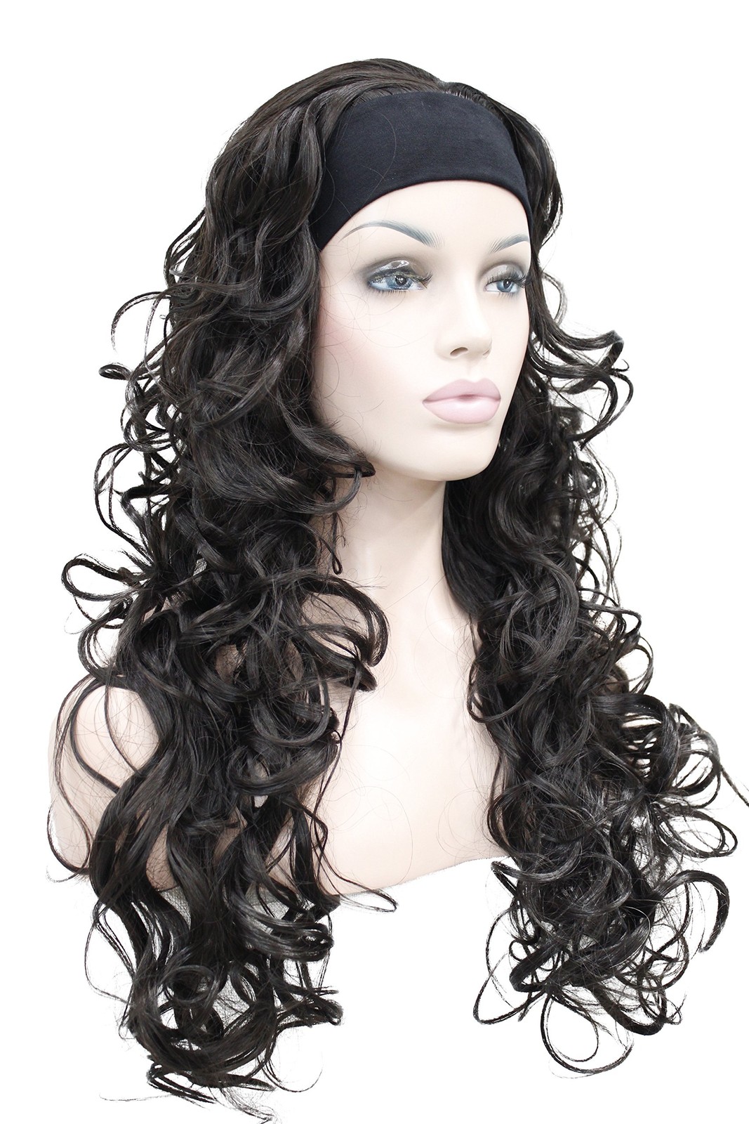 26 inch Long Curly Dark Brown Hair Premium Synthetic Women’s Wig 3/4 Half Wig…