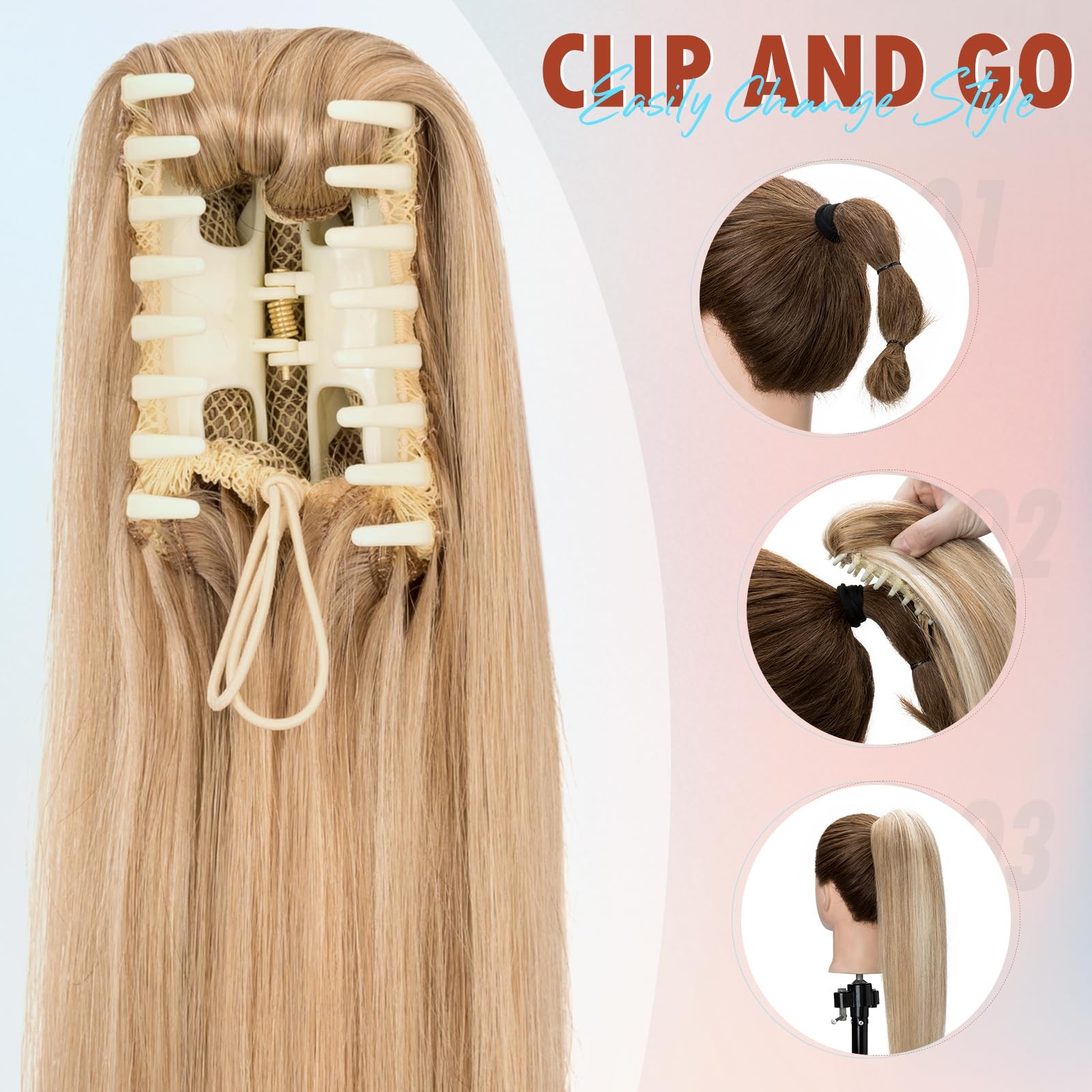 Hairro Claw Human Hair Extensions Clip Ponytails Jaw/Claw Long Straight Pony