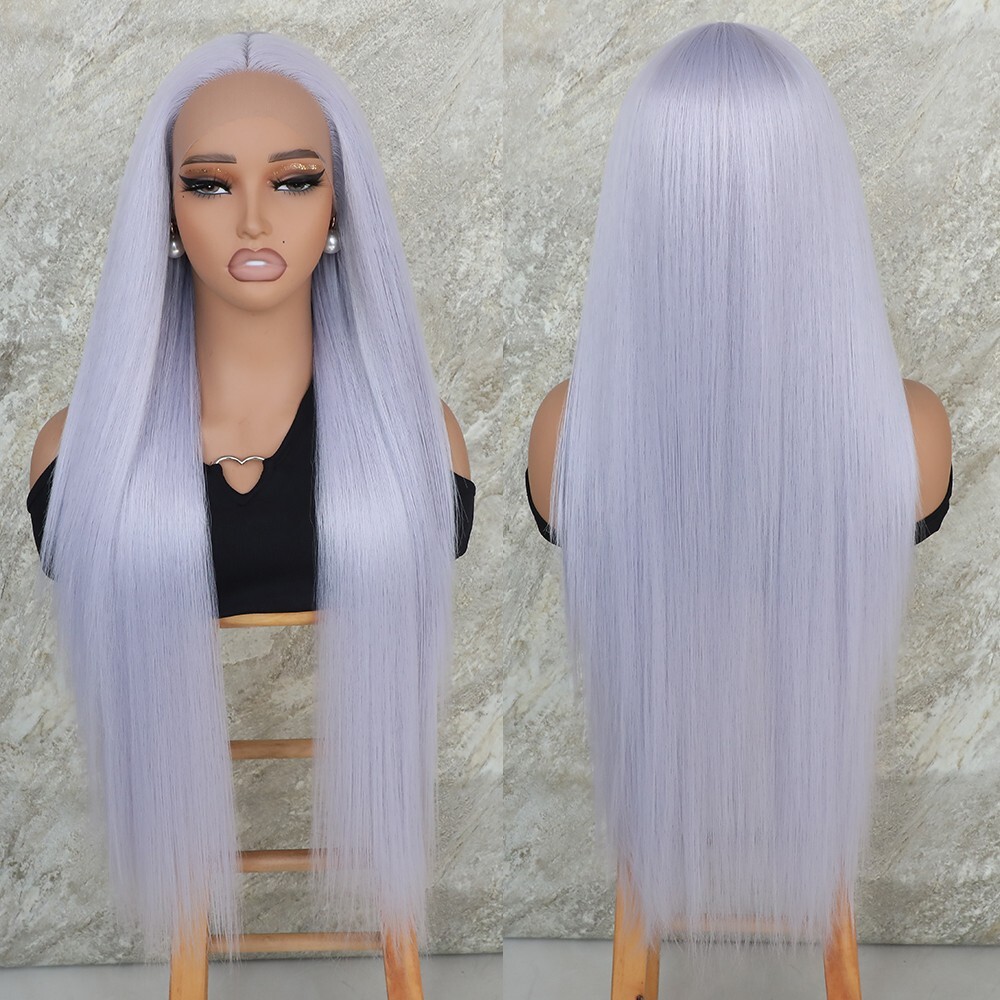 US 32 inch Synthetic Hair Lace Front Wigs Women Party Long Straight Light Blue