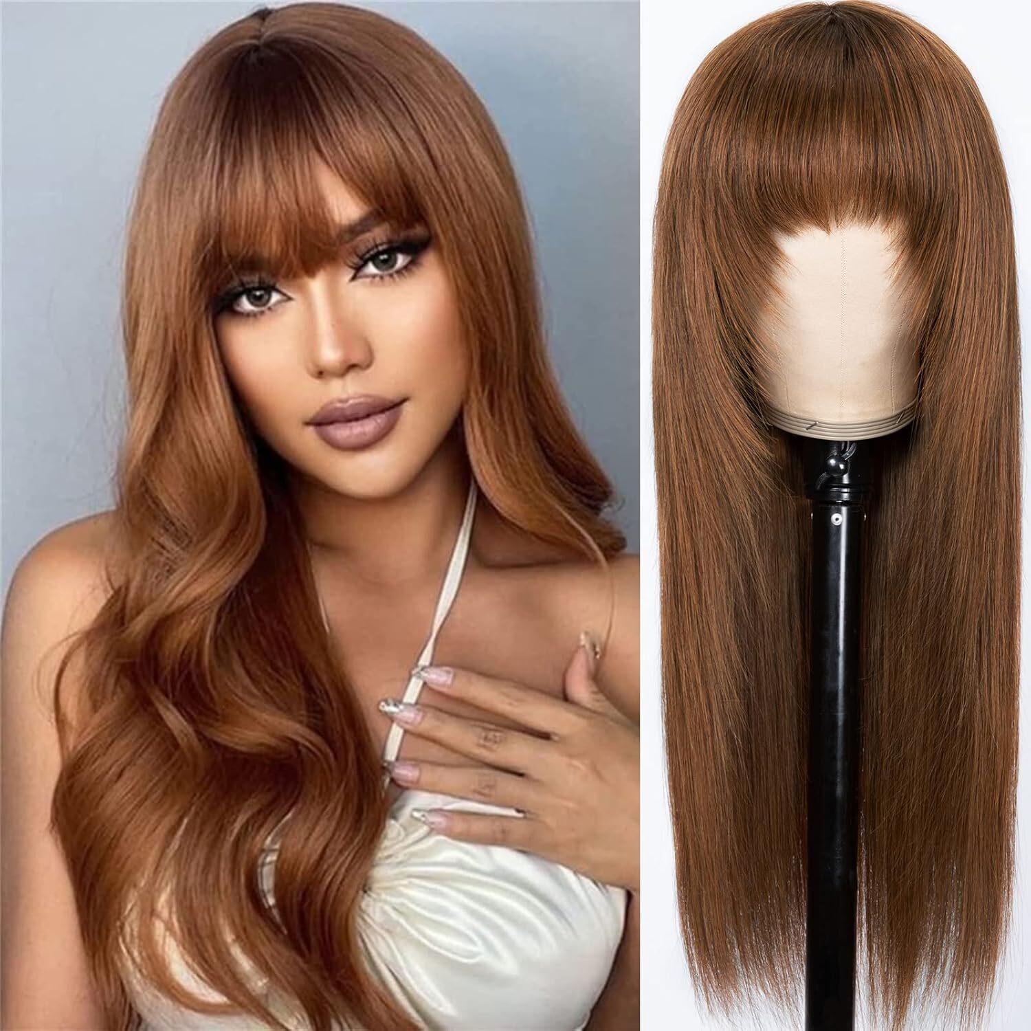 UNice Brazilian Brown Yaki Straight Human Hair Wig with Bang Lace Wigs Layer Cut