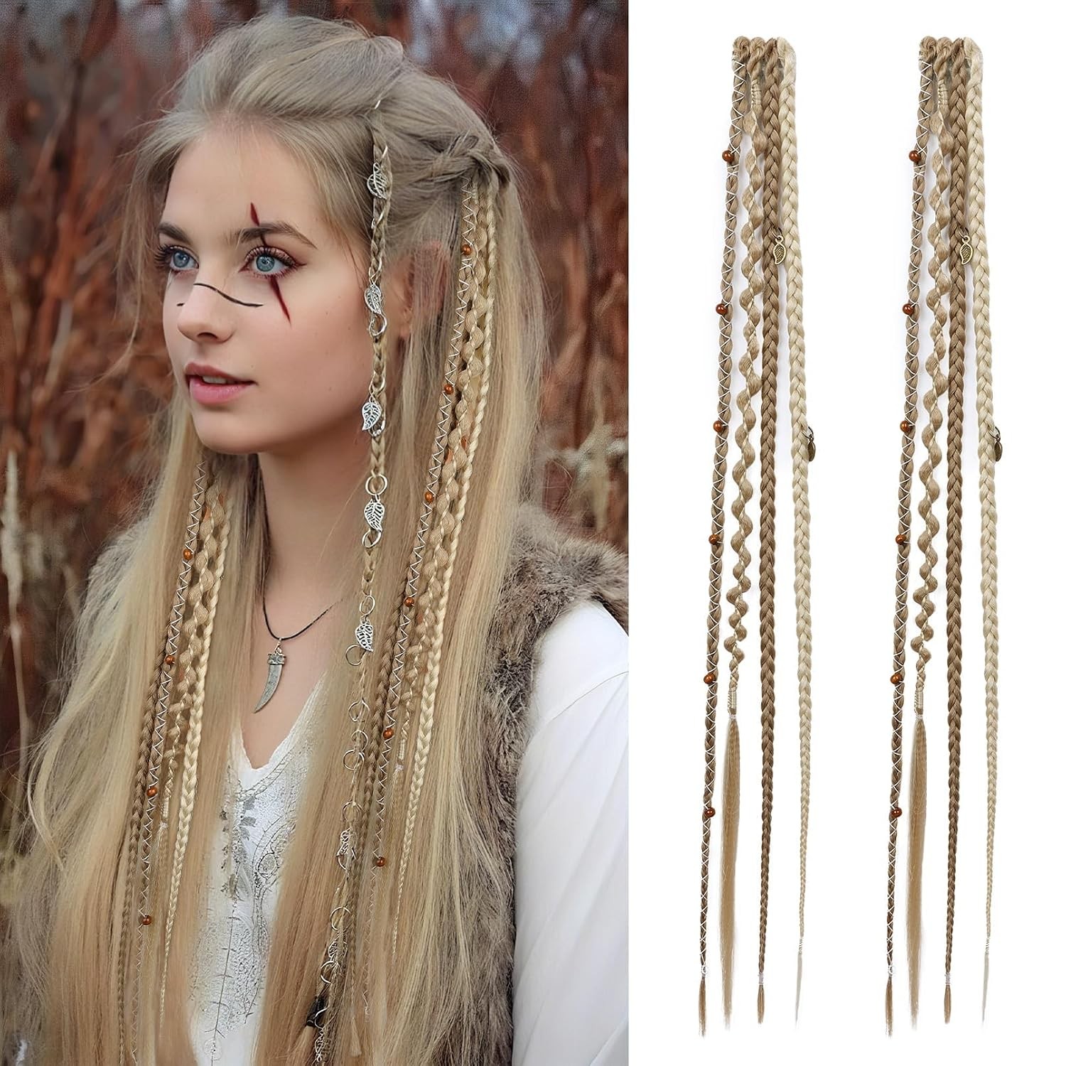 Clip in Braid Hair Extensions Women 20″ Boho Dreadlock Clip in Braids with Beads