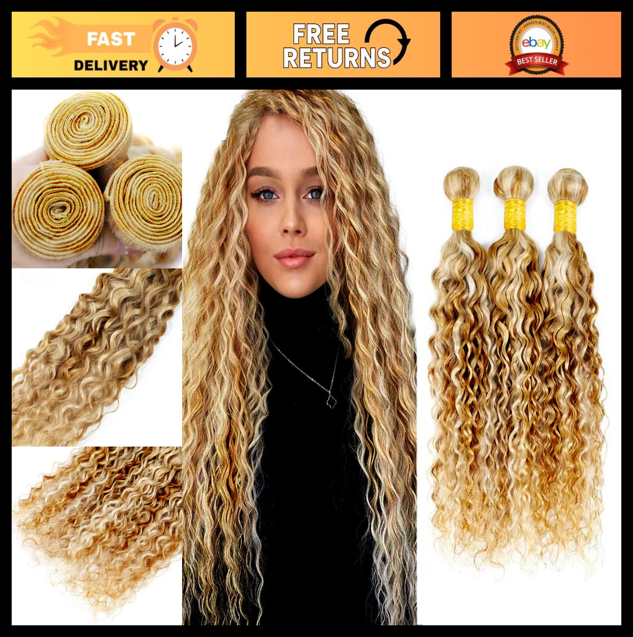 Blonde Highlight Water Wave Hair Bundles 16″ 18″ 20″ Human Hair Extensions