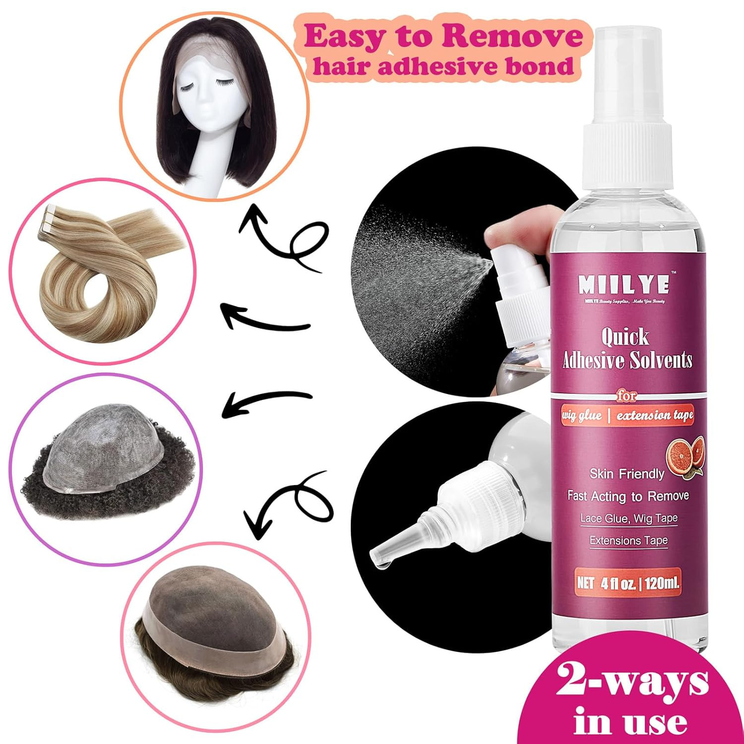 MIILYE Tape in Extension Remover Spray 4Oz/120Ml, Tape in Remover Lace Wig Glue
