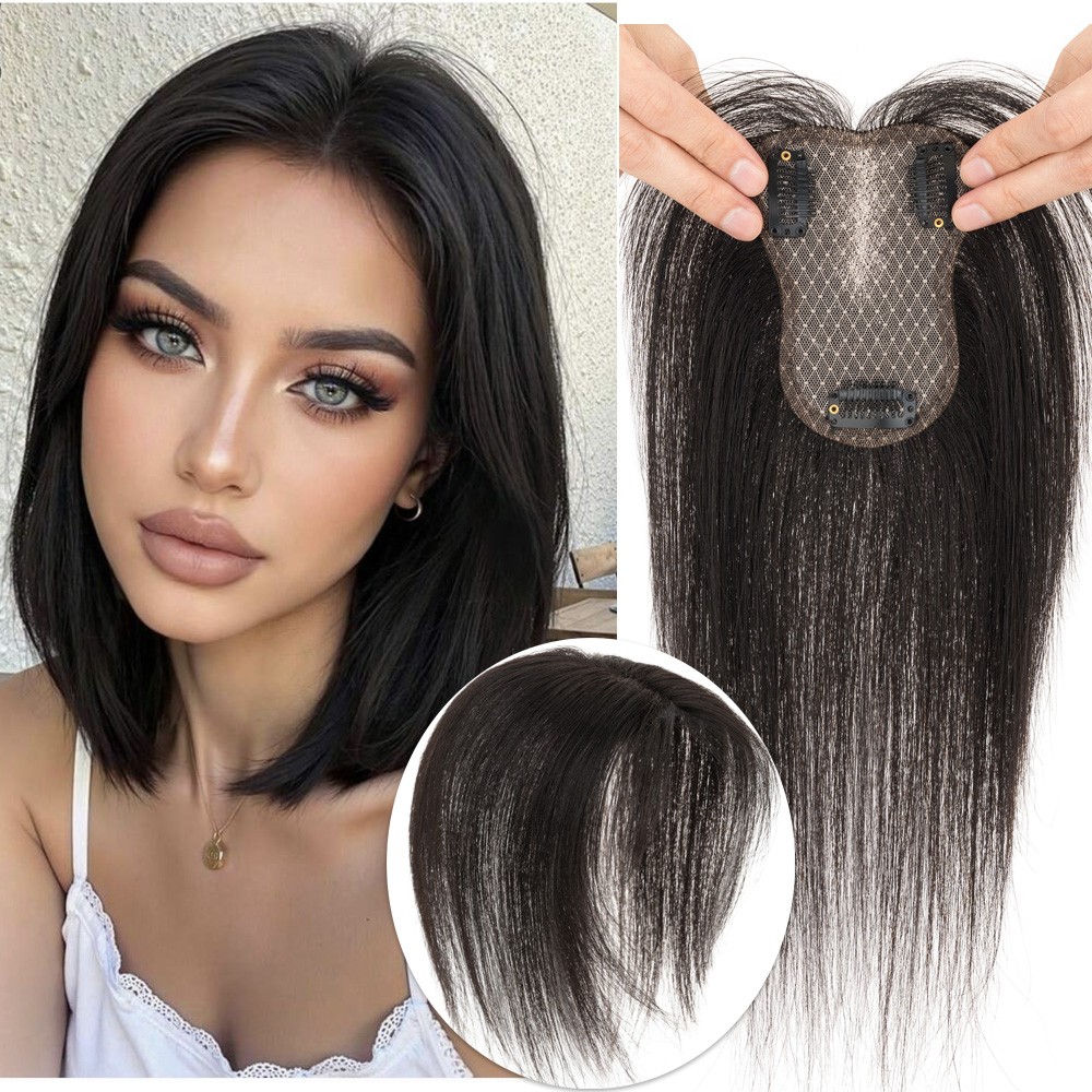 Clip in 100% Human Hair Topper with Curtain Bangs Hairpiece 9×12cm Full Lace US